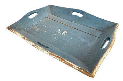 L464 Sturdy 19th century New England Apple Tray retaining beautiful old dry blue over the original gray painted surface with the initials �N.R.� painted in white in the center. The top edges are also adorned with white paint. The tray features deeply canted sides with shaped cutouts on each side for convenient carrying.