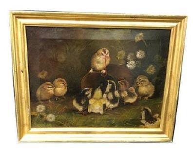 F18 Wonderful oil painting of a baby chick standing on an old tin can with a worm in his beak and nine additional fluffy chicks gathered around. Painting is attributed to world renown artist, Ben Austrian (1870 � 1921).