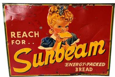 **SOLD** H14 mid 20th century Sunbeam Bread sign from the 1950�s , features little Miss Sunbeam. The colors, condition and graphics are fantastic. Miss Sunbeam is shown taking a bite of her slice of buttered Sunbeam bread, the energy packed bread. This is an authentic Sunbeam sign made of metal with embossed edge. Miss Sunbeam and the Sunbeam lettering are also embossed.
