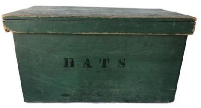 F24 19th century New England green painted Hats box, in the original green paint, with the 'HATS' in black letters on all sides. This type of box was used in a General Store. Nailed construction with square head nails.