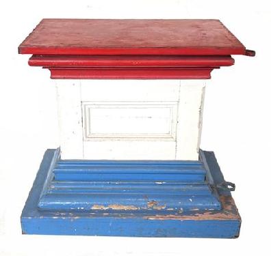 H491 � Late 19th century Patriotic Podium / Pedestal in original red, white and blue painted surface. Great lambs tongue molded corners and inverted molded panels centered on all four sides � with the back panel discreetly being a fold-down door that opens for storage inside.  Retains rings on upper and lower edge of one side to secure a flag. Podiums like this were often used in GAR (Grand Army of the Republic) Civil War Veteran�s Posts. Measurements: Top is 28� wide x 18 5/8� deep. Bottom is 31 ½� wide x 22 ½� deep. Overall height is 27 ½� tall.