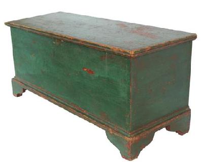 V26319th century Pennsylvania Blanket Chest with old green over the original red paint, with an applied bracket base, the case of the Blanket Chest is dovetailed , circa 1840 