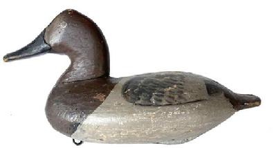 **Sold**G399 Early Canvasback Drake carved by William Heverin 1860-1951, Charlestown, Md. was repainted later by one of the carver in Charlestown, in the angle wing pattern on back. Repainted in the early 20th century, the Decoy dates to 1890-1920, it is weighted with one of Bob McGraw wts.
