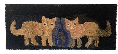 G296 Hooked rug featuring three very primitive cats on a black background. Maker creatively incorporated a cat sitting with its back/tail to the viewer, in between two standing, side view cats. There are mixed fabrics used, predominantly cotton and wool, hooked on burlap. Mounted and ready to hang! Circa 1870 - 1880�s.
