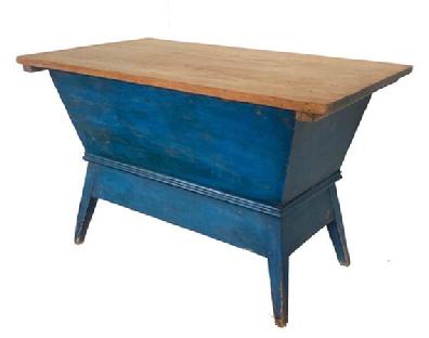 G497 Stunning Early 19th Century Pennsylvania Dough Box in beautiful blue paint. Tightly dovetailed and pegged construction with an apron around the bottom that follows the taper of the legs. Molding surrounds the base of the dough box, just above the apron