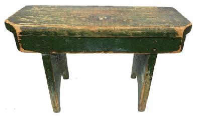G260 19th century very unusual little Stool from Pennsylvania with the original Windsor green paint, with two braces on the back that is dovetailed into the top.