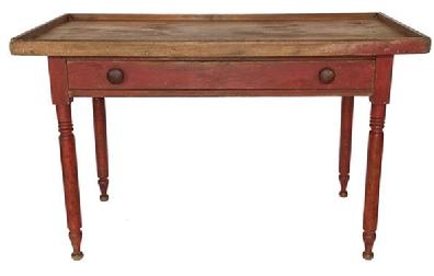 Q221 Early 19th century Lancaster Country, Pennsylvania unique Sorting Table with the original bittersweet red paint, circa 1820, with a single full size drawer. It has a wide two board well with an applied gallery held in place with square head nails. Image Properties