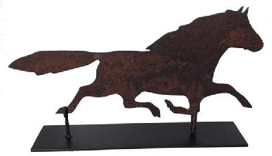 A314 19th Century  Sheet Metal Horse Silhouette Weathervane , from Pennsylvania  with wonderful weather surface . Presented on a iron stand for displaying