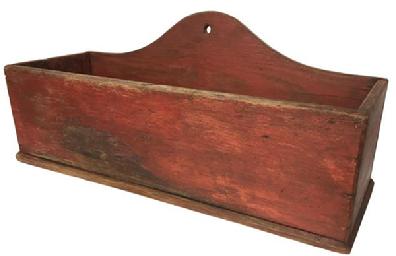 D398  Early 19th century New England  Maine very unusual over size Wall Box, with an arch back original dry red paint circa 1810 nail construction with tee nails and square head nails, 
