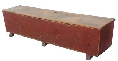 U375 Late 18th century or early 19th century, Lancaster Co.(1790-1810) Wood Box with original dry red paint. Dovetailed case, original shoe feet, and hardware one board constructionl