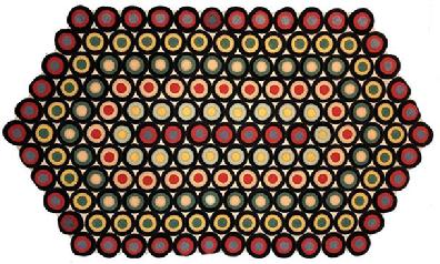 **SOLD** F533 PENNY RUG.  late 19th century American Pennsylvania penny rug. Six sides of circular medallions stitched together in colors of red black and Mustard green. All edged in -circles. The rug has been professionally mounted on frame and ready to hang Measures 44 1/2" in length with a height of 29 1/2". Circa 1890 Most antique penny rugs were made from recycled clothing or fabric scraps of wool or cotton. The height of their popularity seemed to be around 1870