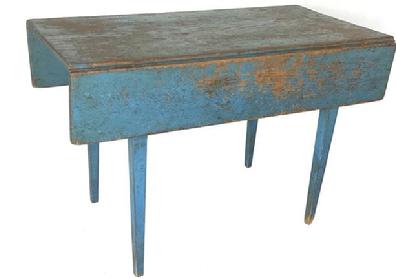 G435 Exceptional 19th century country hepplewhite drop leaf Table, retaining its original blue painted surface, circa 1820 , one board construction, with fine Hepplewhite tapered legs,