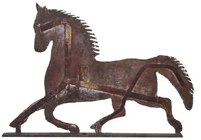 X53 19th century Blackhawk style,sheet iron full body horse weathervane in running position  with great paint history,original condition  40" long x 27" tall  1 1/2" wide
