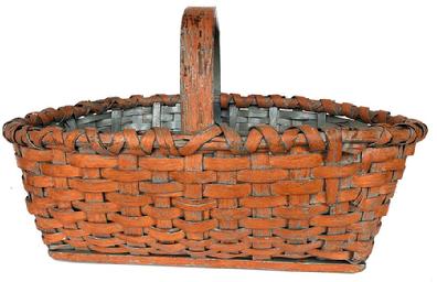 **SOLD** E549 19th Century Pennsylvania gathering basket retaining it's wonderful original dry pumpkin -paint, steamed - bent and notched handle, double wrapped rim with reinforced bottom