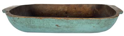 **SOLD** J399 Early 19th century hand-hewn wooden trencher with carved handles bearing its original old blue painted surface. Natural patina interior with evidence of significant chop and tool marks from years of use. Very sturdy. Circa 1830�s � 1840�s. Measurements: 19� long x 11� wide. Height varies between 3 ¼� tall and 4� tall, depending on where it is measured. 