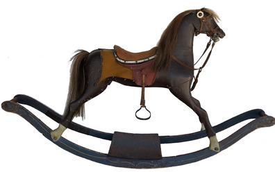 E432 19th century American carved Rocking Horse on bow rocker , with original blue rockers with mustard decoration,  and brown wooden body, leather sadder with horse hair mane and tail Measurement 55 1/2" long x 31 1/2" tall