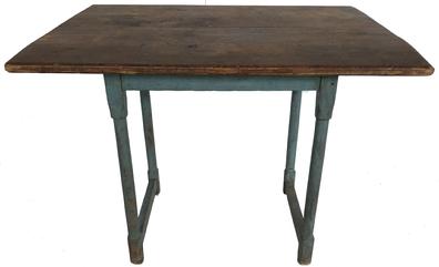 E493 19th Century Kentucky Tavern Table with gorgeous old dry blue painted surface ,found near the  Shaker Village of Pleasant Hill Kentucky  circa 1860. Sturdy oak construction includes a two-plank pine top, hand-turned legs, stretcher supports, from a private collection in Mryland  measurements 30 long 22 wide 22 tall