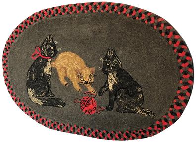 E538 Exemplary American Hooked and Braided Rug on stretcher, ready to hang  features three playful cats with a ball of yarn centered in a tightly hooked oval grey wool background with two complimentary braided wool rows to frame the outer border. Wonderful detail within the cats gives each their own personality. Highly skilled workmanship throughout. Measurements: 40 x 25 Oval