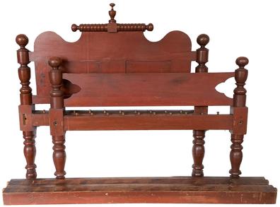 **SOLD** F186 19th century rope bed with red paint, the bed is in wonderful untouched condition and was greatly cared for by the family. This is an early 19th century bed it has generously formed turned columns with dramatic tight ringlet turnings with ball formed tops. The head board has two inset panels with a very unusual rolling pin top 