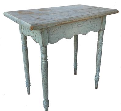 F215 T19th century New England side Table with a elaborate scalloped apron on all four sides, it has a two board top, retains the remains of oyster white paint over the original blue. Circa 1850 the wood is white pine and poplar Measurements 28 1/2" wide x 17" deep x 27 1/2" tall