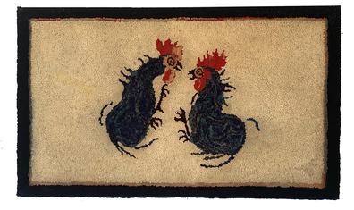 G297 Hand hooked rug depicting two fighting Roosters. Maker created dominant eyes, detailed combs, a few standing/loose feathers and pointed feet on each bird.  The body of each Rooster incorporates several colors, giving the effect of both texture and movement.  A solid black border creates the vision of a 1 1/2� frame around this great piece! Tightly hooked wool on burlap. Circa 1910-1920�s. Professionally cleaned, mounted and ready to hang. Measurements: 22� tall x 37 1/4� wide. 
