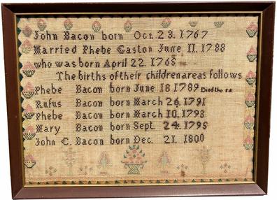 G300 18th century Sampler - Bacon Family Register  of linen and silk, created as personal family treasures  became federal documents when pension claimants required to show proof of relationship to a Revolutionary War veteran submitted them to the U.S. government. This is the Family record of the Bacon Family starting 1789 - 1800, with a beautiful strawberry boarder and professionally framed, from a 35 year collection Eastern Shore Maryland  Measurements are 17" x 13" 