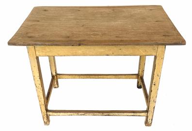 G314 Late 18th century New England tavern Table, this table features fine proportions, with a great dry mustard paint history, one board top, with tapered legs, mortised and pegged box stretchers