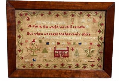 Quaint Devotional Sampler identified as being wrought by �Elizabeth Sophia Page�. Featuring a Psalm/Hymn verse that is framed by wonderful Strawberry / Vine border with 35 individually stitched strawberries. The Sampler is linen and wool, and bears losses throughout that are indicative of age, which most likely dates to 1830 - 1850. The verse has been determined to have once fully read as:  �Exhortation  When in the world we still remain  We only meet to part again But when we reach the heavenly shore We then shall meet to part no more� The lower half of the Sampler depicts a red house with two chimneys, surrounded by several trees, including  a bird perched atop a very distinct apple tree.  Other spot motifs found throughout the Sampler include birds, flowers, several animals  and a number of various geometrical shapes.   Label on back: �Frame by Howard Cochran RD 2 Hadley, PA� Wooden frame is 1 1/2� wide.  Overall measurements are: 20� wide x 14 3/4� tall. 