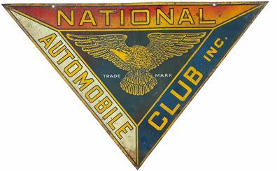 G487 Early 20th century patriotic red white and blue, National Automobile Club Inc advertising  heavy metal sign  two sided ,circa 1924 , The National Automobile Club Inc Providing reliable roadside service, professionally and efficiently for over 90+ years,  Measurements are 25" wide x 15 1//2" tall