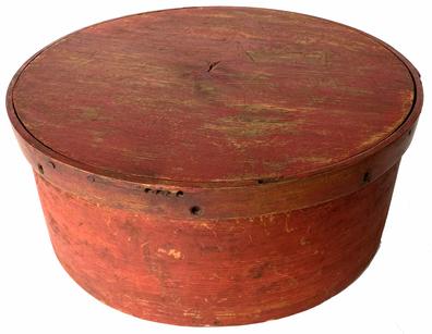 G612 Historic Late 18th Century Military Wooden Drum , cut down and repurposed into a Pantry Box probably  post Civil War when no longer needed. The Box retains a strong bittersweet red paint with brass tacks and Rose-head nails. The purpose of the holes around the lid is where the head of the drum was held together with ropes. This was found in a Home in N.J.  Measurements 18� diameter 7 1/2� tall 