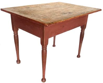 *SOLD* G618 Fantastic 18th century New England original dry red painted table with one board top boasting bread board ends secured with large rose-head nails, resting on a fully mortised and pegged base with nicely turned legs and pad feet. The scrubbed top is secured to the base with ten large wooden pegs and retains wonderful wear Circa 1750s. Measurements: 33� wide x 24� deep x 24 1/4� tall. (Apron to floor measures 18�, Apron boards are a full 1� thick)