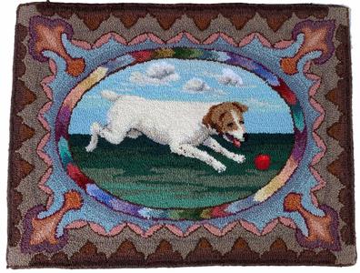 *SOLD* G710 Great hooked rug depicting a tan and white Jack Russell dog playing with a red ball. Provenance: from a private collection in Camden, South Carolina. Construction consists of high quality yarns hooked on Monk's cloth,