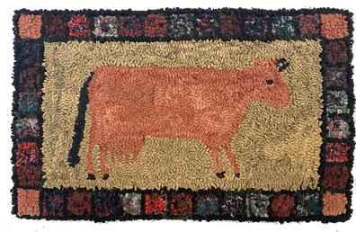 G747 Late 19th century to early 20th century hand-hooked rug depicting a dairy Cow on a tan background that is framed by black outlined squares of variegated colors. Cow is hooked in a light mauve color and has both udders and small horns, along with a long black tail. Wool hooked on burlap. Great size! Professionally mounted and ready to hang. Measurements: 16 1/4� tall x 26 1/4� wide