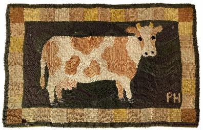 G772 Primitive hand hooked rug depicting a single Guernsey Cow on a background of greens and browns, with the maker's initials "PH" hooked in the lower right corner. A 2" wide border of squares in various shades of tan, pale yellow and a creamy off-white color are hooked in alternating directions which adds visual dimension to this great rug!  Wool hooked on burlap construction, with cotton binding on back and edges neatly finished off with an olive colored yarn that has been tightly whip-stitched around all edges. Excellent skill and workmanship is evident throughout this rug!  Measurements: 26" wide x 16 1/2" tall