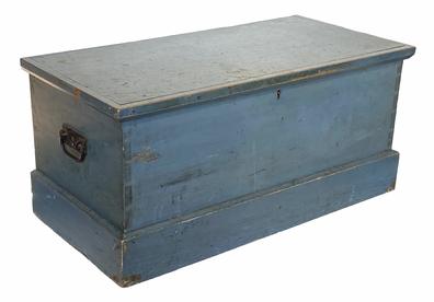 G936 Late 19th century Pennsylvania Blanket Chest/ Sea Chest, in the original dry robin egg blue paint, the case is dovetailed, original hardware, molding applied around lid with an applied base. The owner kept a record written on the inside of the lid from 1864. Measurements: 33 ½� wide x 16 ½� deep x 16� tall