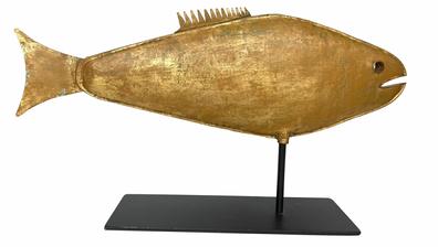 G660 Folk Art Fish weathervane with old gold painted surface. Hollow body molded sheet metal mounted on a contemporary metal stand. Solid sealed edges throughout with applied top fin and tail. Prominent eye and mouth. Fish measures 23� long x 8 1/2� tall x approximately 1 3/4� wide. Base is 14� long x 5� wide. Overall height with stand is 12 1/2� tall.