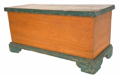 G751 Beautiful mid-19th century Eastern Shore, Maryland blanket chest in original pumpkin and green paint. Six board, square head nail construction with glove till inside, applied molding around the lid, and a great applied bracket base with nice cut out feet. Fantastic size and condition. Measurements: 31� wide x 12 3/4� deep x 15� tall.