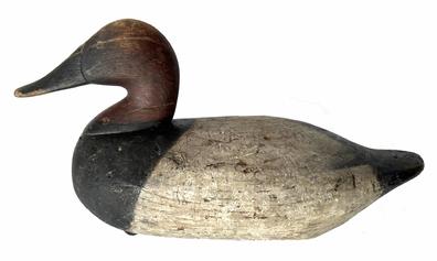 *SOLD* H278 Very rare and early Canvasback Drake decoy attributed to John Holly, Jr (1852-1927) or William Holly (1845-1923). Branded with �H� on bottom.  John and William continued making decoys after their father (John �Daddy� Holly) passed away in 1892. Their shop was behind the family home on Alliance Street in Havre de Grace, MD. Their style of carving was chunkier, and more rounded, than their father�s style, but still very sought after.  Circa 1895-1920. Please refer to page 239 of the book �Decoys of the mid-Atlantic region� by Henry A. Fleckenstein, Jr. for additional details.