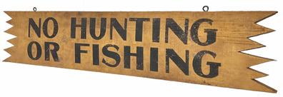 *SOLD* H349  Early 20th century State park "NO HUNTING OR FISHING" sign - pained on board  one sided with  black painted letters on a mustard background. Zig-Zag cut out ends. Measurements are:  38 3/4" wide x 8" tall x 3/4 deep 