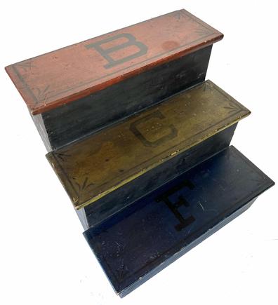 **SOLD** H459 19th century Set of very unusual beautifully painted Steps, There are three steps, each painted a different color, the blue step has the letter F in black lettering with pin striping and decoration in each corner, the yellow with the letter C, and the top step is red with the letter B, they are mortised and square head nail construction, the back legs fold up, circa 1860 � 1880 Measurements are: 24� wide x 22� deep x 22� tall 