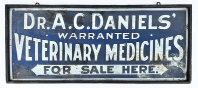 *SOLD* H917 late 19th century Wooden blue and white  Trade Sign for Doctor A. C. Daniels' for veternary medicines painted on single board with an applied black molding single sided, with hooks for hanging measurements are 29" long x 12 1/2 tall x 1 1/2" thick 