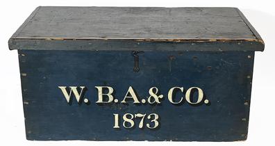 H979 Fantastic 19th century Pennsylvania document / storage box, with the original dark blue painted surface featuring �W.B.A.&CO. 1873�painted in white letters with black shadowing on the front panel. Six board, square head nail construction retaining original hardware.  Super clean, natural interior. 