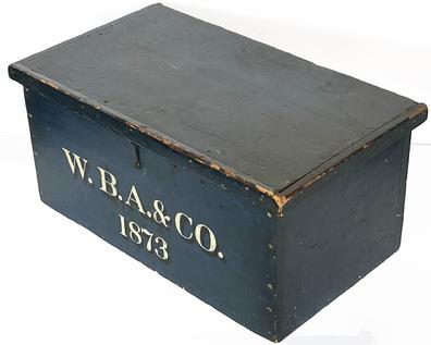 H979 Fantastic 19th century Pennsylvania document / storage box, with the original dark blue painted surface featuring �W.B.A.&CO. 1873�painted in white letters with black shadowing on the front panel. Six board, square head nail construction retaining original hardware.  Super clean, natural interior.   Measurements: 25 ½� wide x 14 ¾� deep x 11 ¾� tall