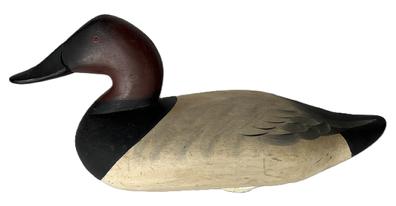 K1631 Canvasback Drake decoy - 1965 model (wide bill) carved by Charlie Speed Joiner (1921-2015) of Chestertown, MD.- double branded "R N C" (Ronald Coleman Rig) on bottom. Decoy retains its original painted surface with the original weight, staple and ring all remaining intact on bottom.  