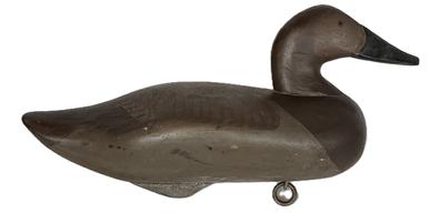 K1829 Branded, signed and dated Canvasback Hen decoy by R. Madison Mitchell (1901-1993) of Havre de Grace, Maryland bearing the Brand from the rig of Henry Fleckenstein on bottom. Circa 1943. Working decoy with original staple, ring and weight on bottom.