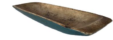 **SOLD** K1819 19th century unique sized rectangular hand-hewn wooden trencher in beautiful blue paint. Visible chop marks throughout. Gently tapered ends add to the visual appeal of this great trencher! Interior retains great patina, wear and visible chop marks from age and years of use. Rare to find an authentic early trencher in such great shape. Measurements: 22 ¼ long x 7 ½ wide x 2 ½ deep.    