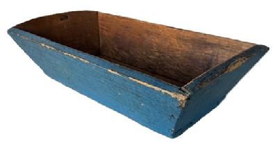 **SOLD** K1653 Early 19th century Pennsylvania small tabletop Dough Box retaining old blue painted surface. Canted sides and slightly rounded ends. Clean, natural patina interior with wear indicative of use. The wood is pine. Square head nail construction. Circa 1830s-1840s. Measurements: 22 long x 12 wide x 5 ½ tall. 