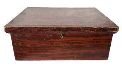 K1811 19th century New England paint decorated Bible / document box retaining the original red painted surface with black decoration and original hardware. The wood is pine. Square head nail construction. Super clean, natural patina interior. Circa 1850s  1880s. Measurements:  12 ¾ wide x 9 ¾ deep x 5 tall.  