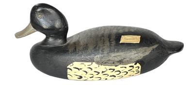 K320 Hand carved wooden Scaup decoy from Crisfield, Maryland. Carver unknown. Original flat hand-hammered weight intact on bottom. 