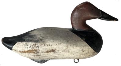 J210 Canvasback Drake decoy carved by Madison Mitchell Havre de Grace, MD (1901-1993) retaining its original painted surface.  Original weight, ring and staple remain intact on bottom. Circa 1940's.